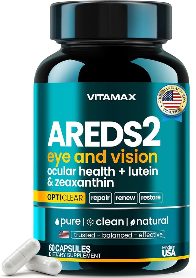 AREDS 2 Eye Vitamins - Lutein, Zeaxanthin, Bilberry, Astaxanthin Mineral Vision Supplement - Supports Eye Strain, Dry Eyes, Pressure, and Vision Health - Made in USA - 60ct