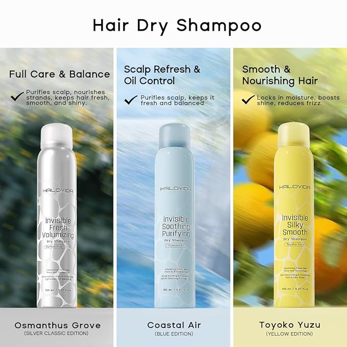 HALOVIDA Dry Shampoo Pack of 3, Dry Scalp Shampoo Spray for Dark Hair Leaves No White Residue, Absorb Oils, Volumizing & Refresh Hair for 72 Hours, 5.07 Fl Oz (Osmanthus Grove+Toyoko Yuzu+Coastal Air)