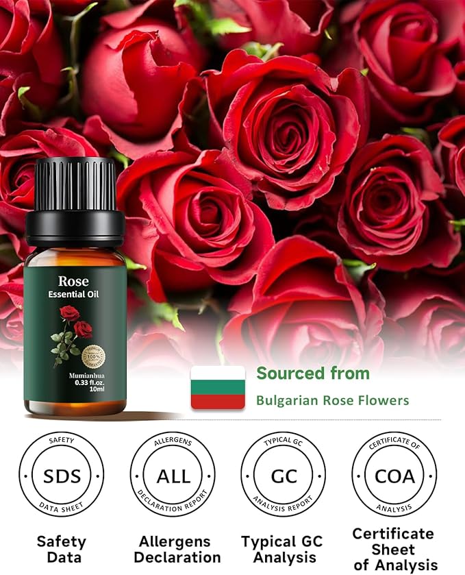 Rose Essential Oil, 100% Pure & Natural Aroma Oils for Aromatherapy Diffuser, Skin & Hair Care, Perfume, Soap & Candle Making, 0.33 Fl Oz / 10ml Mumianhua