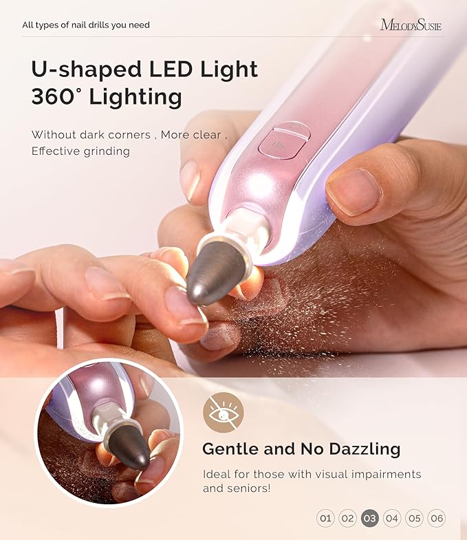 MelodySusie Cordless Pedicure & Manicure Nail Drill Kit, PC760G for Salon-Quality Foot Care for Home & Travel, Rechargeable with 5 Speeds, 8-in-1 Bits, 360° LED Light & Anti-Dust Shield, Purple