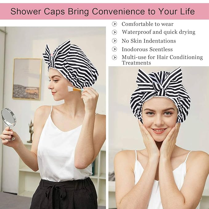 Shower Cap Luxury Shower Caps for Women Reusable Waterproof Hair Cap for Shower with Adjustable Bowknot Hair Bath Cap (Black Stripe)