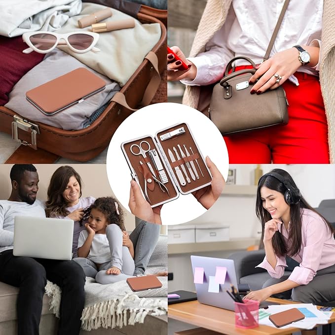 Manicure Set, FAMILIFE Professional Manicure Kit Nail Kit Mens Grooming Tools Pedicure Tool 9PCS Gifts for Men Boyfriend Stainless Steel Nail Clipper Set Leather Case Brown