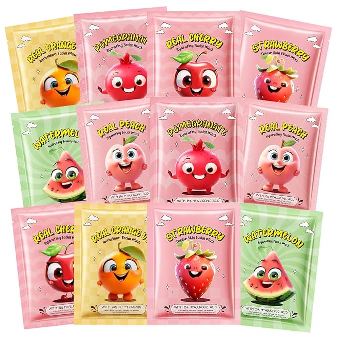 evpct 12 Pack Fruit Kids Face Masks for Kids Girls Spa, Girls Kids Facial Spa Day Slumber Sleepover Birthday Party Favors Supplies Kit for Girl, Kid Friendly Facial Face Masks Bulk Skincare for Kid, 4
