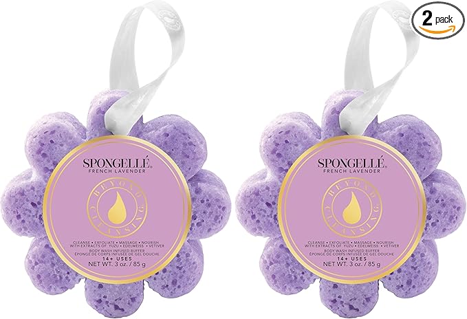 Spongelle French Lavender Wild Flower Buffer Body Scrubber | Bath & Shower Loofah for Women | Exfoliator with Body Wash Infused Sponge | 14+ uses (Pack of 2)