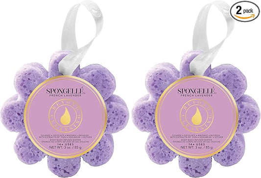 Spongelle French Lavender Wild Flower Buffer Body Scrubber | Bath & Shower Loofah for Women | Exfoliator with Body Wash Infused Sponge | 14+ uses (Pack of 2)
