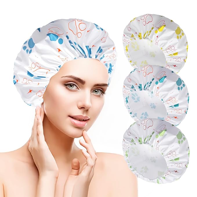 6 PCS Shower Caps for Women, Double Side Waterproof Shower Cap, Reusable Elastic Bath Caps for Shower, EVA Bathing Shower Caps, Bath Hair Caps - Paw