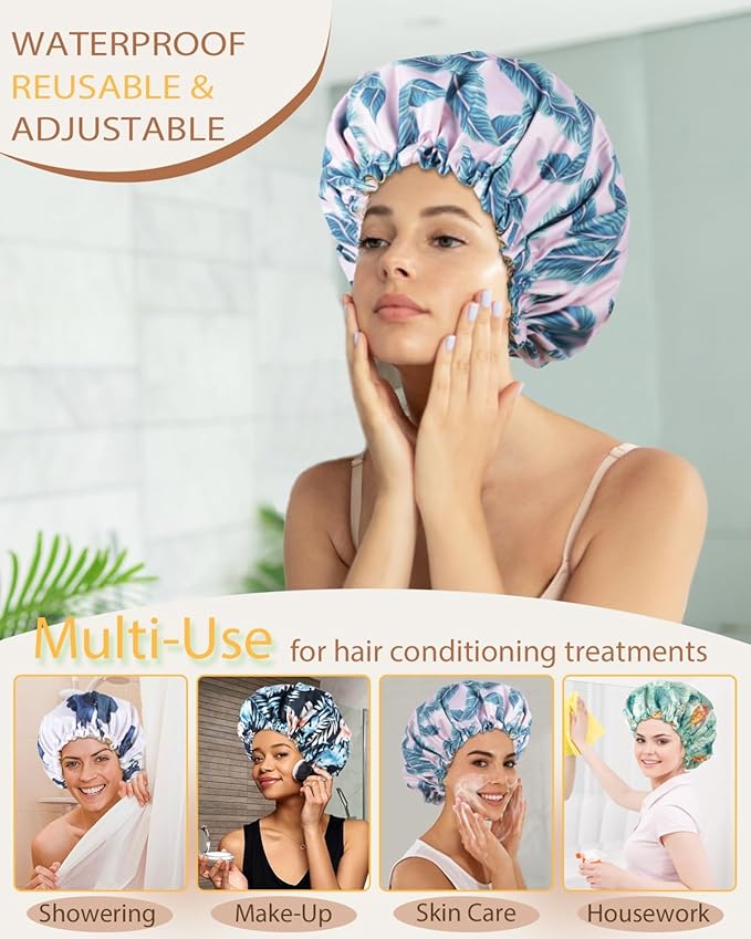 Shower Caps for Women Waterproof Reusable… (Pink Palm)