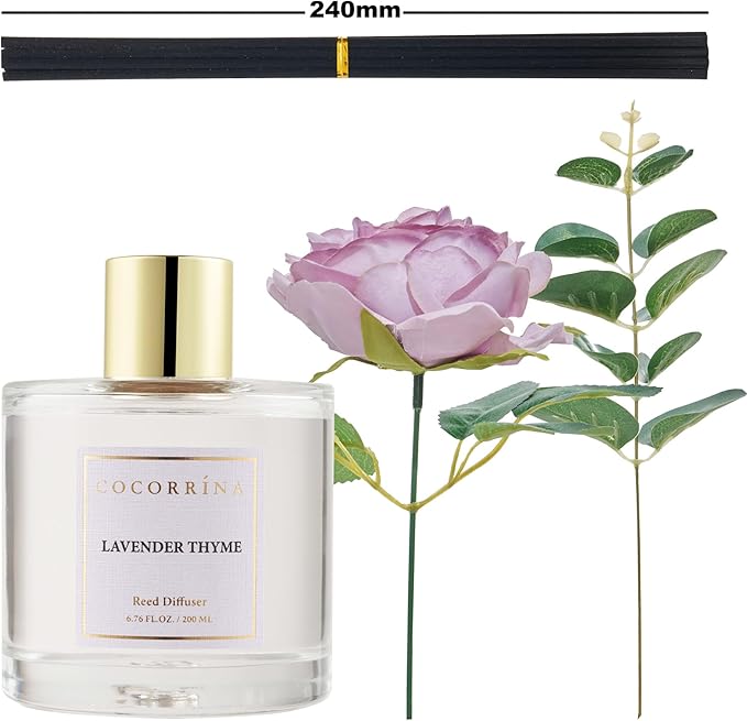 Cocorrína Flower Reed Diffuser - Lavender Thyme 6.7oz Scented Diffuser with Sticks Home Fragrance Essential Oil for Bathroom Shelf Decor (Artificial Flower)