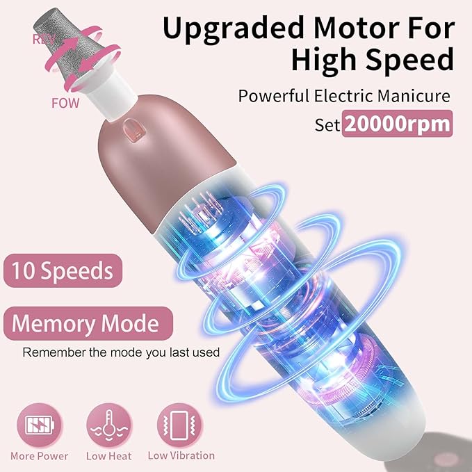 Cordless Electric Nail File Set, Professional Manicure Pedicure Kit with Memory Modes, 10 Speed Portable Nail Drill Machine, Pedicure Tools for feet, Hand Foot Care Tool for Thick Nail Toenail Cuticle