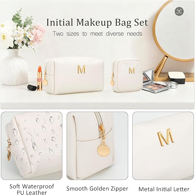 Personalized Christmas Gifts for Women - Initial Makeup Bag Birthday Gifts for Women Travel Toiletry Bag Cosmetic Bags with Soft PU Leather (Beige M)