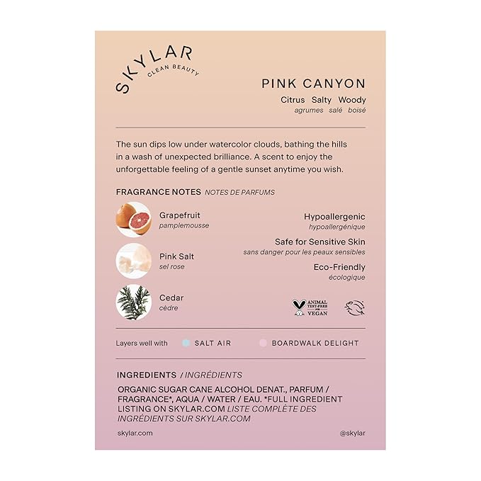 Skylar Pink Canyon Eau de Parfume - Hypoallergenic Perfume for Women & Men, Vegan & Safe for Sensitive Skin - Woody Citrus Perfume with Notes of Grapefruit, Pink Salt & Cedar - 1.70 Fl Oz (Pack of 1)