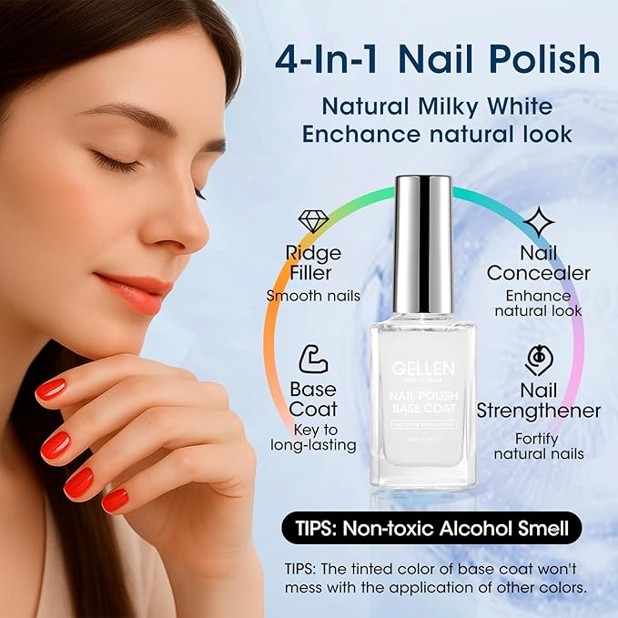 GELLEN Clear Nail Polish Base Coat Sheer Tinted Milky White, Natural Color Regular Nail Polish, Calcium Formula Strengthens Nails, Enhances Nails Natural Look, Quick Air Dry, Hema Free, Non-toxic