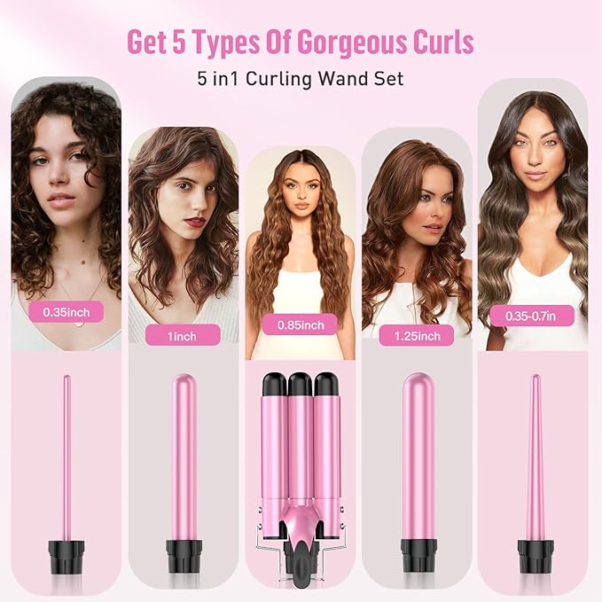Waver Curling Iron Wand - BESTOPE PRO 5 in 1 Curling Wand Set with 3 Barrel Hair Crimper for Women, Fast Heating Crimper Wand Curler in All Hair Type, Women Gifts - Pink