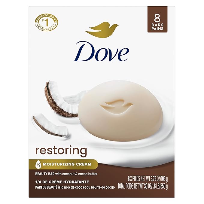 Dove Beauty Bar Soap Restoring Coconut & Cocoa Butter, 8 Bars for Restored Skin, Nourishes Skin 3.75 oz