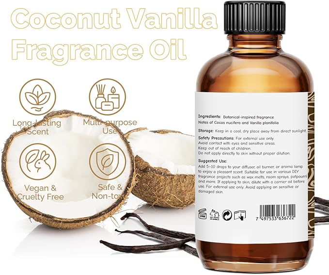 Coconut Vanilla Fragrance Oil 2 Oz, Natural Scent Oil for Home Essential Oils Diffuser, Candle Making, Soap Making, DIY Body Oils, Perfume, Body Mist, Spray