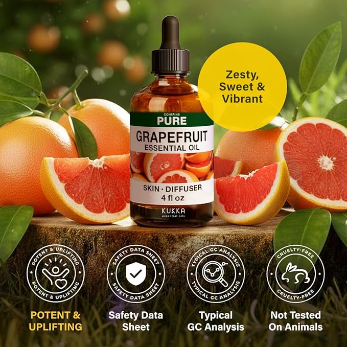 KUKKA Grapefruit Essential Oils - 4 Fl Oz - for Hair, Skin, Diffuser, Aromatherapy & DIY Soap Making Scent