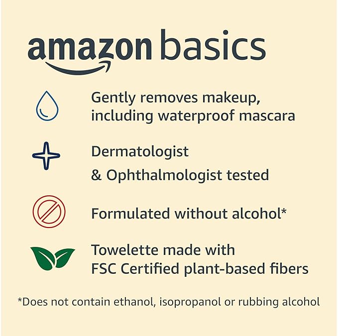Amazon Basics Makeup Remover Wipes, Gentle Cleansing, Dermatologist Tested, Night Calming, Plant Based, Alcohol-Free, Removes Waterproof Mascara, 25 Count Per Pack, Pack of 2