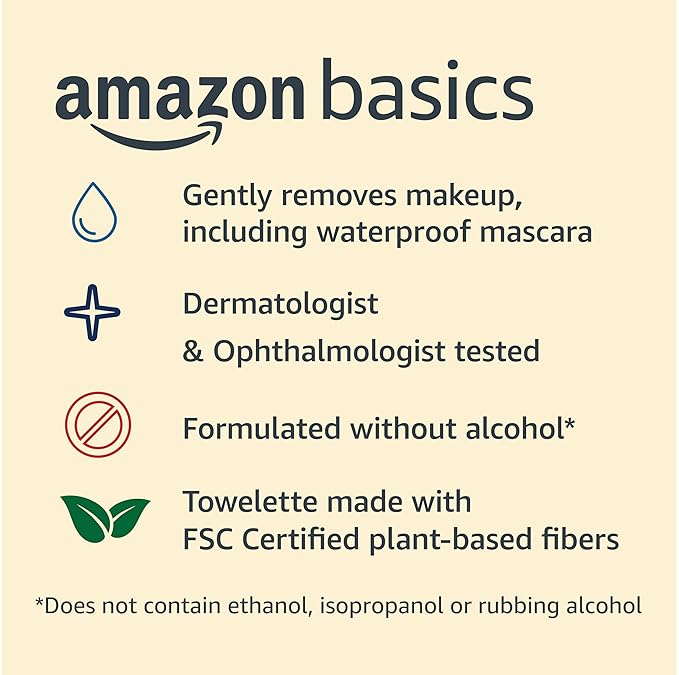 Amazon Basics Makeup Remover Wipes, Fragrance- and Alcohol-Free, Gentle Cleansing, Removes Waterproof Mascara, Dermatologist Tested, 25 Count, Pack of 2