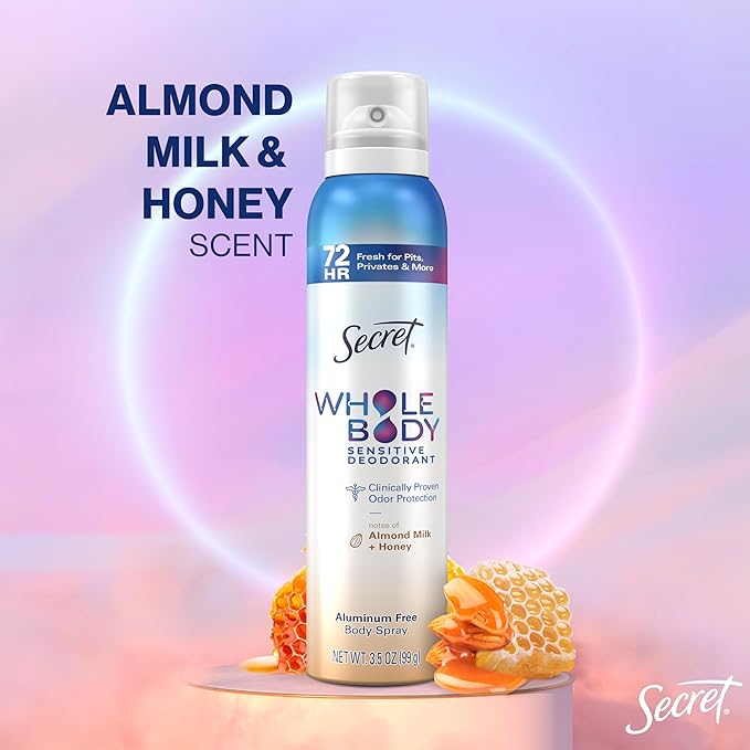 Secret Whole Body Deodorant Spray for Women, Almond Milk & Honey Scent, Aluminum Free Deodorant, 72 HR Odor Protection, 3.5oz