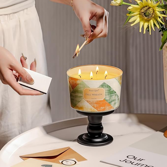 HomeLights Soy Wax Candles for Home Scented, 4-Wick Candles in Fall Wreath Scented, Rustic Modern Aromatherapy Candles Gift for Parties, Relaxing, 18oz