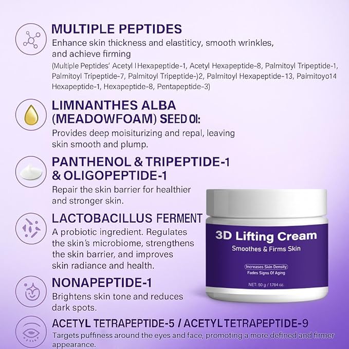 3D Lifting Night Cream, Korean Anti-Aging Moisturizer with 17-Peptide Complex, Probiotic Facial Treatment for Face, Neck Wrinkles，1.7 fl oz