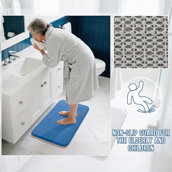 Yimobra Memory Foam Bath Mat, Super Soft Absorbent Bathroom Rug Non Slip, Quick Dry, Machine Washable Floor Carpet for Tub Shower, Home Decor Accessories, 24x17, Blue