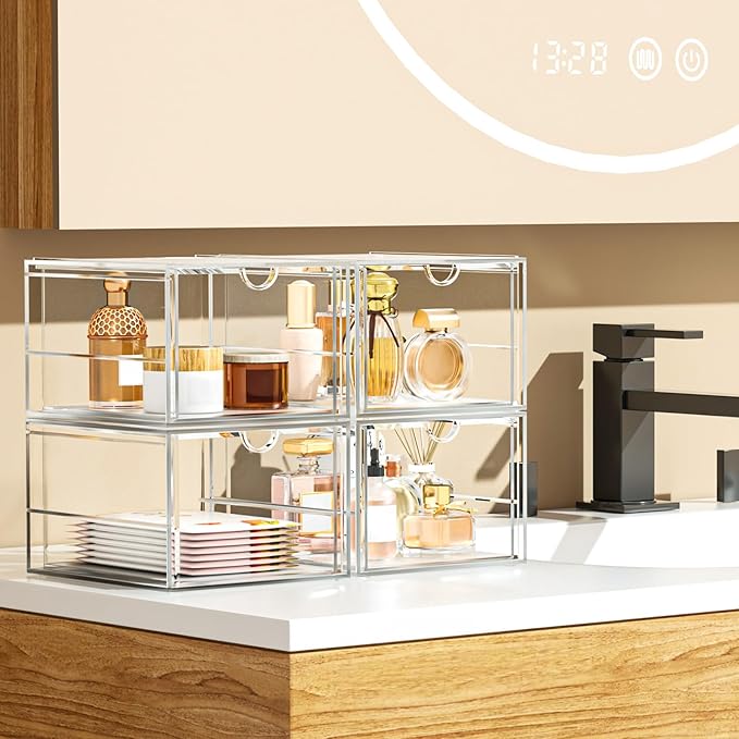 Acrylic Makeup Organizer, 4 Pack Drawer Organizer - Transparent Desktop Storage for Cosmetics, Office Supplies & More - Clear Organizers for Home & Office Use