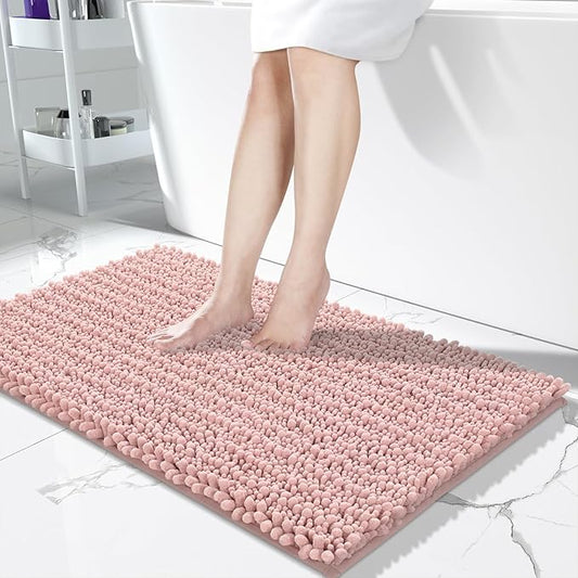 Yimobra Long Bathroom Rugs Non Slip Washable 44x24 Inch - Ultra Soft Absorbent Chenille Bath Mat, Quick Dry Shaggy Floor Carpet for Tub Shower, Light Pink Home Decor Accessories