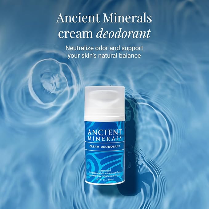 Ancient Minerals Natural Deodorant Cream – Unscented, Aluminum-Free with Magnesium, Zinc & Vitamin E for Women and Men, Vegan Formula for Sensitive Skin, 24-Hour Odor Protection, 2 oz