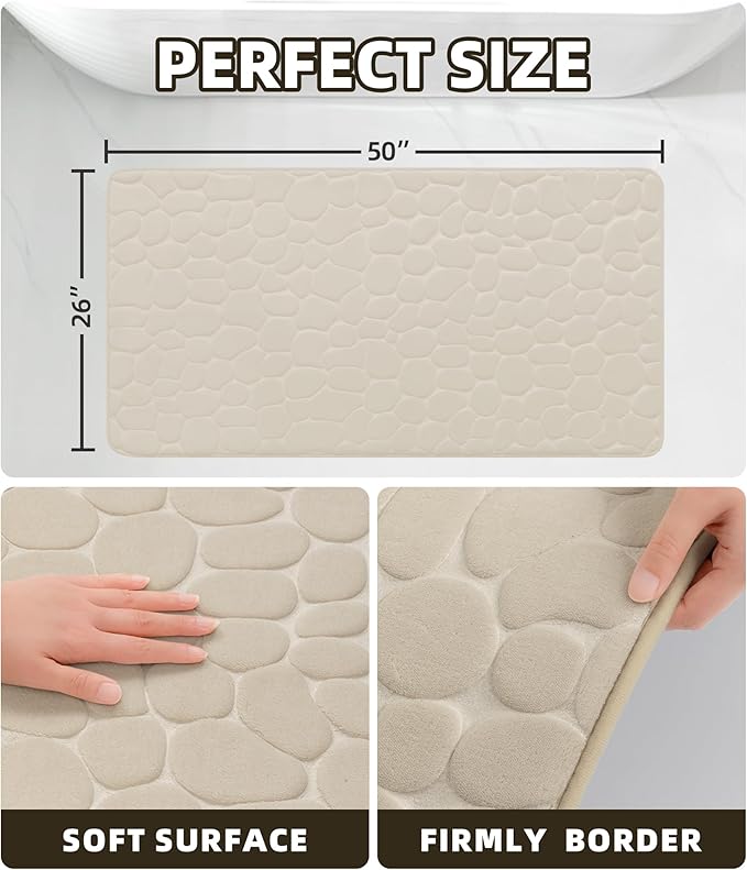 YIHOUSE Memory Foam Runner Rug, Cobblestone Bathroom Runner Rugs Super Water Absorbent Bath Mats for Bathroom Machine Washable Bath Rugs for Hallway Bedroom Laundry Room(26 x 50,Khaki)