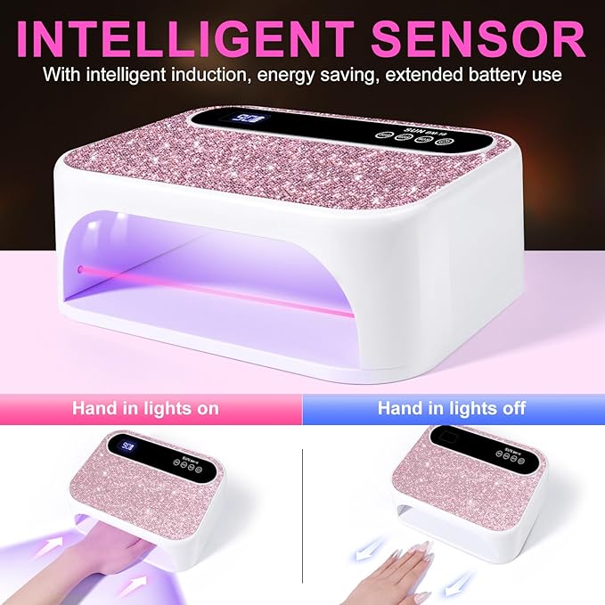 Led Nail Lamp, 126W Gel Nail Light Rechargeable Professional Lamp 42Pcs Beads Automatic Sensor for Manicure at Home and in Salons(Pink Diamond)