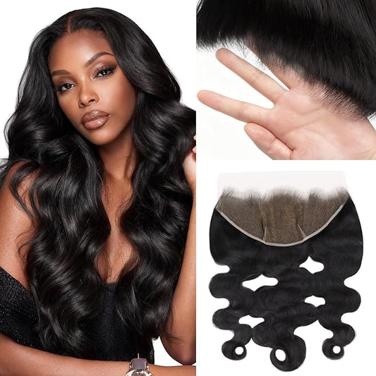 Lashey 13x6 SKINLIKE HD Lace Frontal Human Hair Body Wave, 0.10mm Ultra-Thin Invisible Melted Swiss Real HD Lace Pre Bleached Knots Pre Plucked Hairline Human Hair 14 Inch