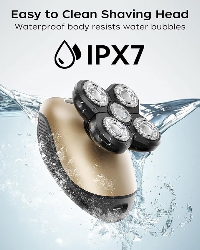 Electric Razor for Men, Head & Body Hair Shaver for Men, Cordless Rechargeable Wet/Dry Bald Head & Groin Waterproof Razor with Rotary Blades,Clippers, Beard Trimmer,Nose Trimmer, Brush (Golden)