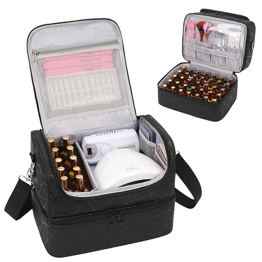 CUBETASTIC Nail Polish Organizer, Cute Nail Tech Organizers And Storage Bag Holds 45 Bottles & UV Nail Lamp, Compact Double-Layer Travel Nail Supplies Case for Nail Kit (Triangle Black, 45 Slots)