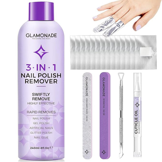 Acetone Nail Polish Remover Kit: Soak off Gel Polish Remover Includes Nail File, Nail Buffer Block, Cuticle Peeler, 100 PCS Foil Nail Wraps and Nail Cuticle Oil(8 Fl.Oz.)