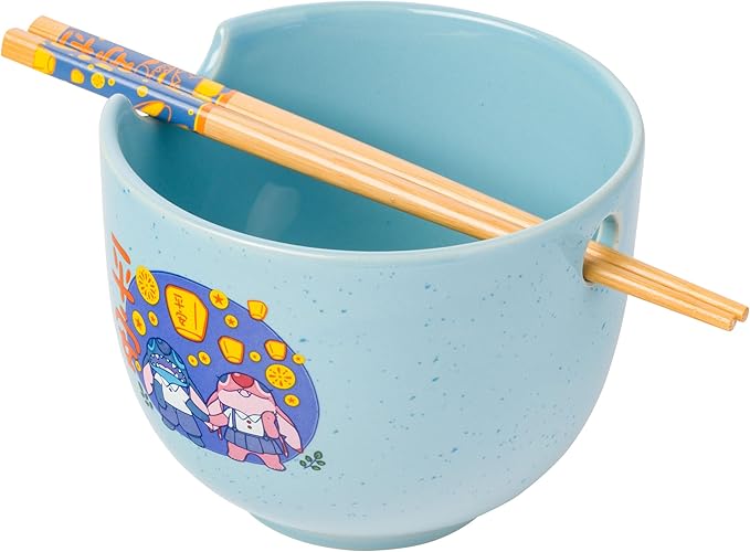 Silver Buffalo Lilo and Stitch Angel Holding Hands Couple Floating Lantern Ceramic Ramen Noodle Rice Bowl with Chopsticks, Microwave Safe, 20 Ounces