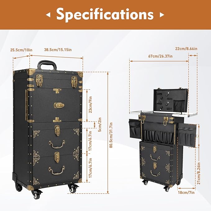 Cosmetic Train Case,Makeup Organizer Travel Case with Multiple Compartments,Rolling Makeup Case,Professional Makeup Casewith Wheels for Make-up Artists,55Lbs Load-Bearing