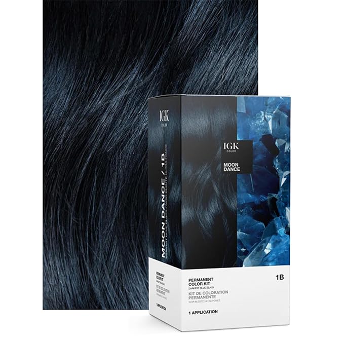 IGK Permanent Hair Dye Color Kit | 1B Moon Dance - Darkest Blue Black | 100% Gray Color Coverage + Strengthen + Shine | Ammonia Free
