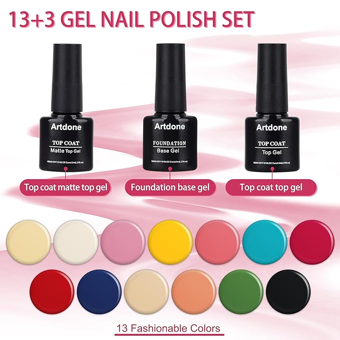 Artdone Gel Nail Polish Set Solid UV Gel 16 Bottles Set Include Top & Matte Top Coat and Base Coat White Pink Yellow Blue Red Colors For All Seasons Neutral Soak Off Manicure Kit For Nail Art