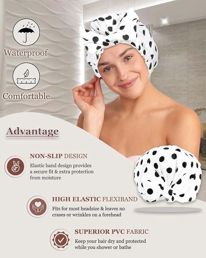 Shower Cap Luxury Shower Caps for Women Reusable Waterproof Large Hair Cap for Shower Non-slip with Adjustable Bowknot Quick-dry Hair Bath Cap for men