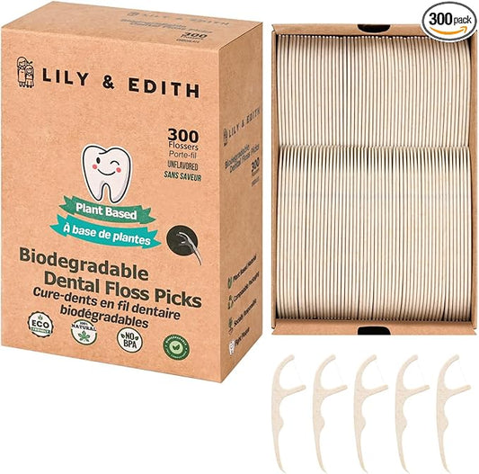 LILY & EDITH Plant Based Dental Floss Picks Adults and Kids 300 Counts, Fluoride-Free, Plant Based Straw Wheat, Earth Friend, Zero Waste Package, Shred Resistant (Unflavored)