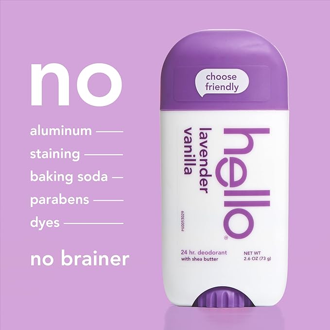 hello Lavender Vanilla Aluminum Free Deodorant for Women and Men with Shea Butter, 24-Hour Freshness, Baking Soda Free Deodorant, Dermatologically Tested, 2.6 oz Stick (2 Pack)