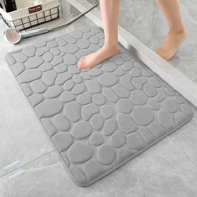 YIHOUSE Memory Foam Bath Mat Cobblestone Bathroom Rugs Super Water Absorbent Bath Mats for Bathroom Machine Washable Bath Rugs(17x24,Light Gray)