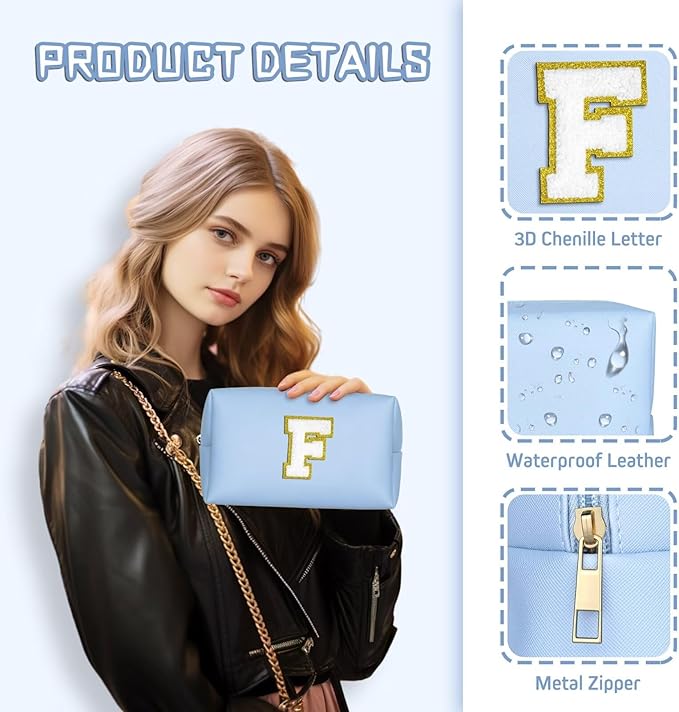 TOPEAST Initial Makeup Bags for Women, Cute Makeup Pouch, Waterproof Travel Toiletry Bag, Personalized Gifts for Girlfriend Wife on Valentine's Day Anniversary, Preppy Stuff Gift for Girl (Sky Blue W)