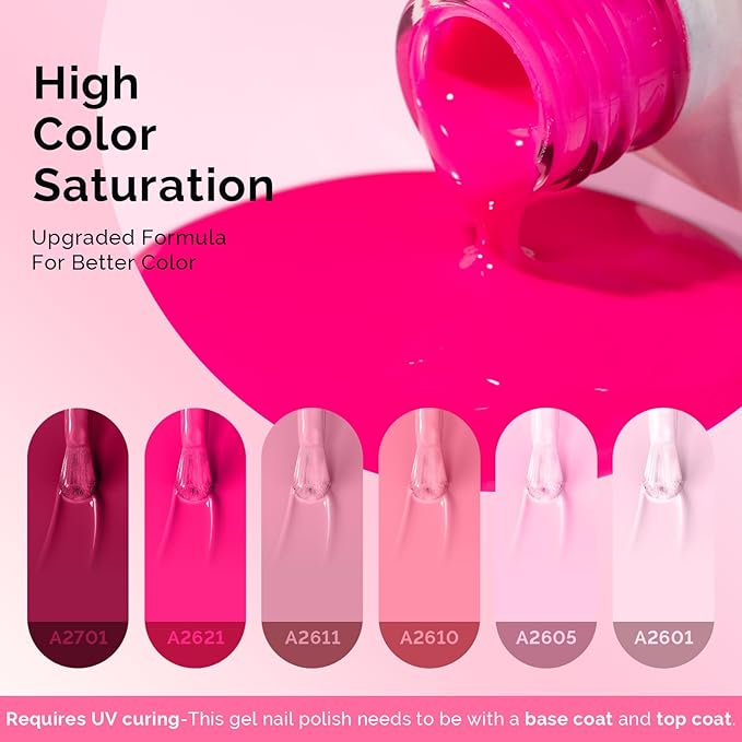 MelodySusie Bright Pink Gel Nail Polish Set - 6 Colors Nude Pink Neon Pink Purple Soak Off UV LED Gel Polish Gift for Women Nail Art Manicure Salon DIY Nail Design Decoration at Home