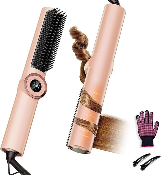 Hair Straightener Brush for Women: Negative Ionic Curling & Straightening Brush with Fast Heating, Reduce Damage & Anti-Scald, Gold