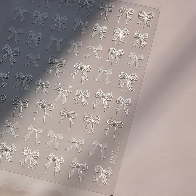 White Bow Nail Stickers for Nail Art 5D Self Adhesive White Nails Art Stickers Bow Nail Decals with Rhinestone Design Embossed Bow Decoration Accessories for Women Girls