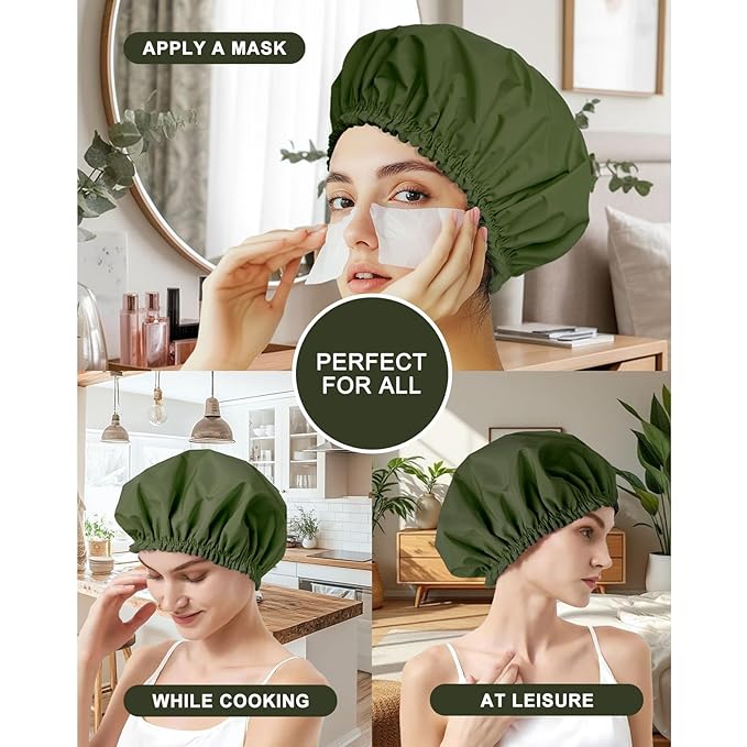 Shower Cap for Women, Double Layer Waterproof Bath Cap, Reusable Hair Protector, Large Waterproof Shower Bonnet Washable Elastic Band Bath Hair Hat for Long Hair, Braids， - Dark Green