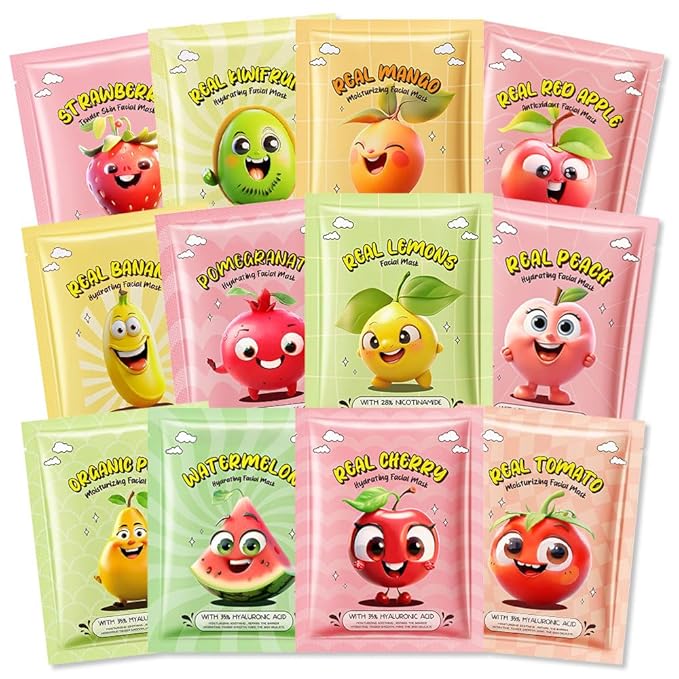 evpct 12 Pack Fruit Kids Face Masks for Kids Girls Spa, Girls Kids Facial Spa Day Slumber Sleepover Birthday Party Favors Supplies Kit for Girl, Kid Friendly Facial Face Masks Bulk Skincare for Kid, 3