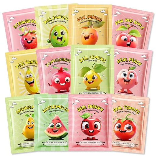 evpct 12 Pack Fruit Kids Face Masks for Kids Girls Spa, Girls Kids Facial Spa Day Slumber Sleepover Birthday Party Favors Supplies Kit for Girl, Kid Friendly Facial Face Masks Bulk Skincare for Kid, 3